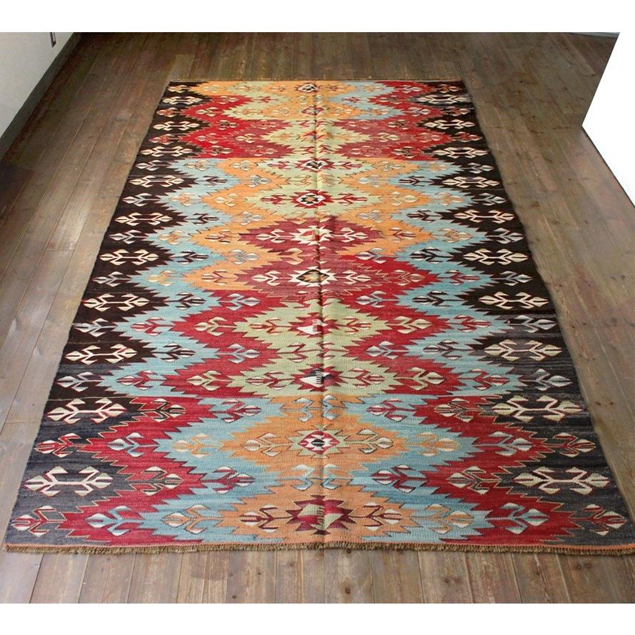 オールドキリム　コンヤジジムラグ オールドキリム コンヤ/ケッレ 赤 水色 オレンジのジグザグ