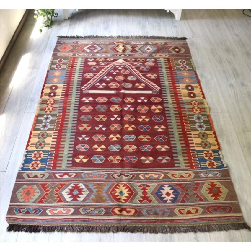コンヤの草木染キリム　Turkish Kilim Natural dye 222x141cm 変形ミフラープ リンゴのような六角形モチーフ