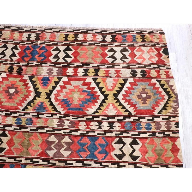 アンティーク　アナトリアキリム　フェティエ地方/カリヨラ 236x167cm エンプティレッド カラフルな幾何学モチーフ_6