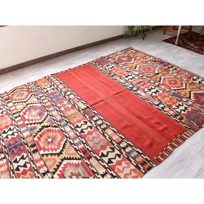アンティーク　アナトリアキリム　フェティエ地方/カリヨラ 236x167cm エンプティレッド カラフルな幾何学モチーフ_7