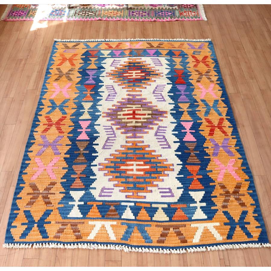 色にこだわるワンランク上のカイセリキリム 175x127cm ブルー&オレンジ | ブランド登録なし