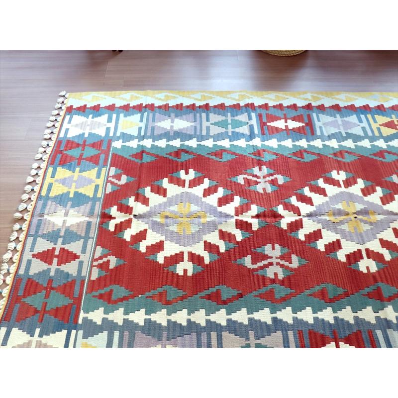 トルコ 手織りラグ カイセリキリム 242x147cm 幾何学柄 3つのドラゴン