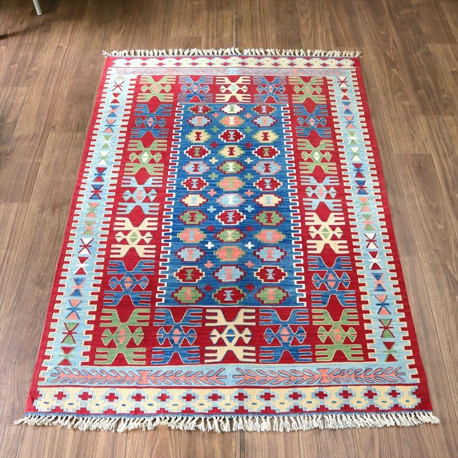 トルコ手織りキリム コンヤ　草木染 175x116cm ベレケットと翼を広げた鳥のモチーフ　ブルー＆レッド | ブランド登録なし