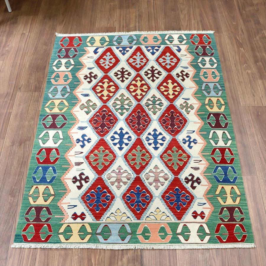 トルコ手織りキリム コンヤ 163x114cm 連なるひし形 レッド＆グリーン | ブランド登録なし