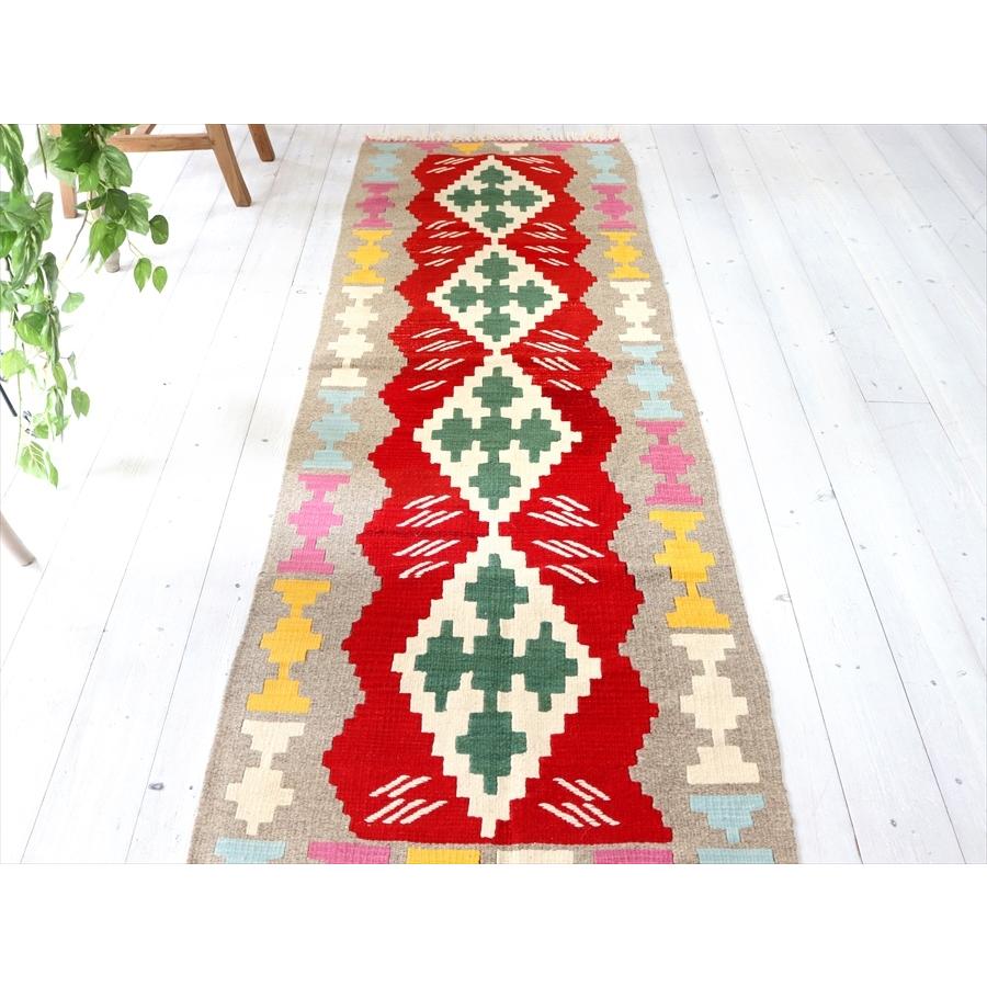 カイセリ トルコ手織りキリム ランナー 200x64cm 4つのダイヤ