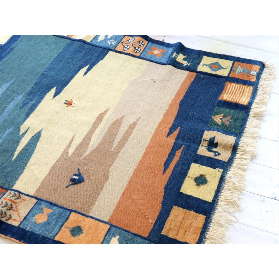 ギャッベキリム 遊牧民の織る風景のラグ 99x98cm 動物と草原 スクエア