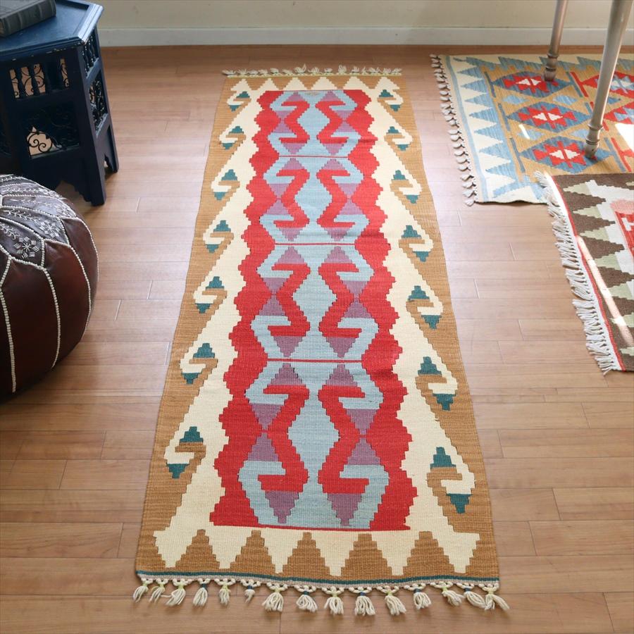 トルコの手織りキリム カイセリ 202x63cm レッド&ブラウン