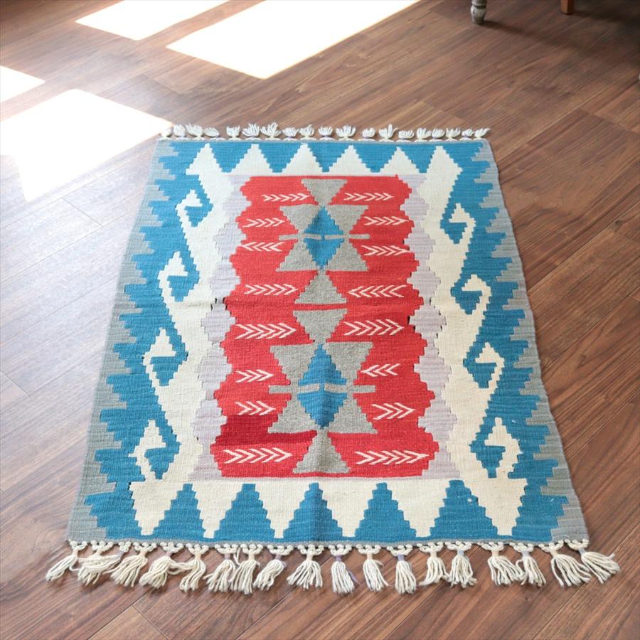 カイセリ産手織りキリム 112x80cm レッド＆ブルー トルコの手織りラグ | 