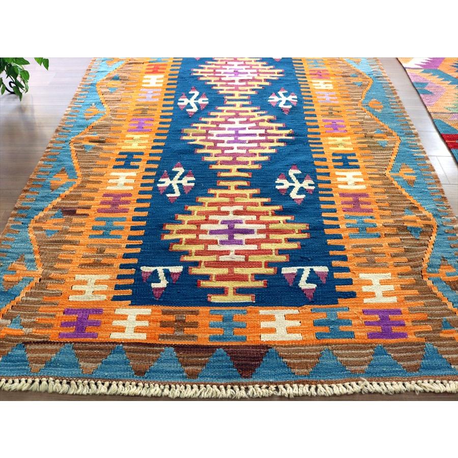 ワンランク上のカイセリキリム 185x124cm ブルー＆オレンジ