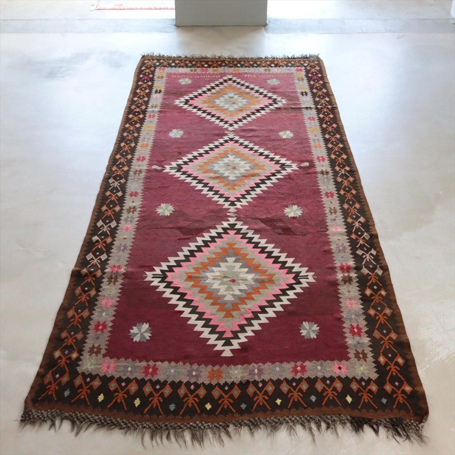 オールドキリム エルズルム 344x158cm ３つのメダリオンと幾何学模様 文字入り | 