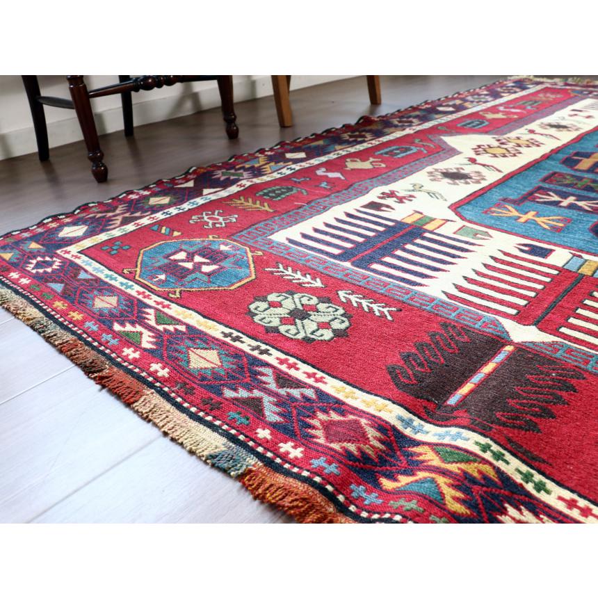 スマックキリム　シルジャン 195x148cm 刺繍のような細かな織り　三重のボーダー 【ペルシャヴィンテージラグ】
