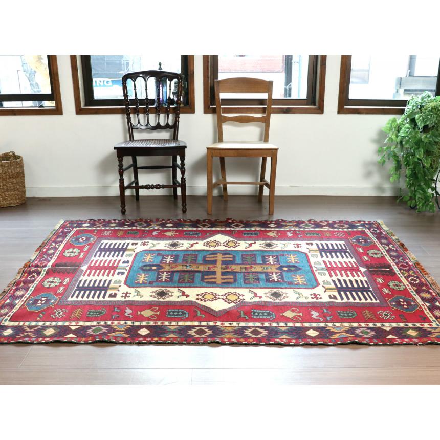 スマックキリム　シルジャン 195x148cm 刺繍のような細かな織り　三重のボーダー 【ペルシャヴィンテージラグ】