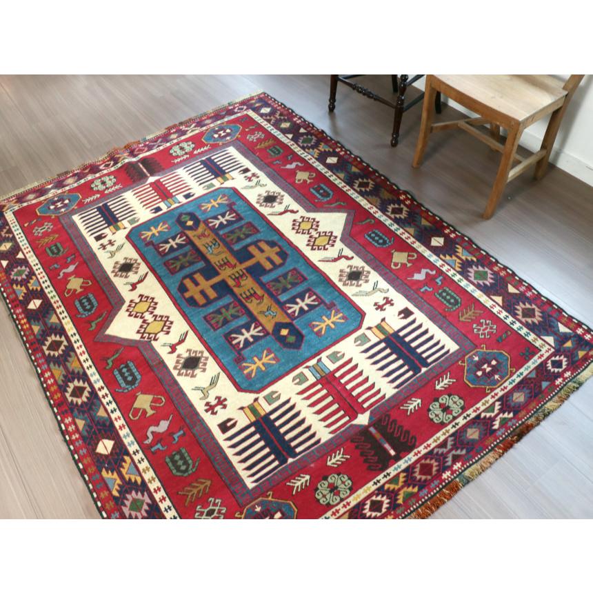 スマックキリム　シルジャン 195x148cm 刺繍のような細かな織り　三重のボーダー 【ペルシャヴィンテージラグ】