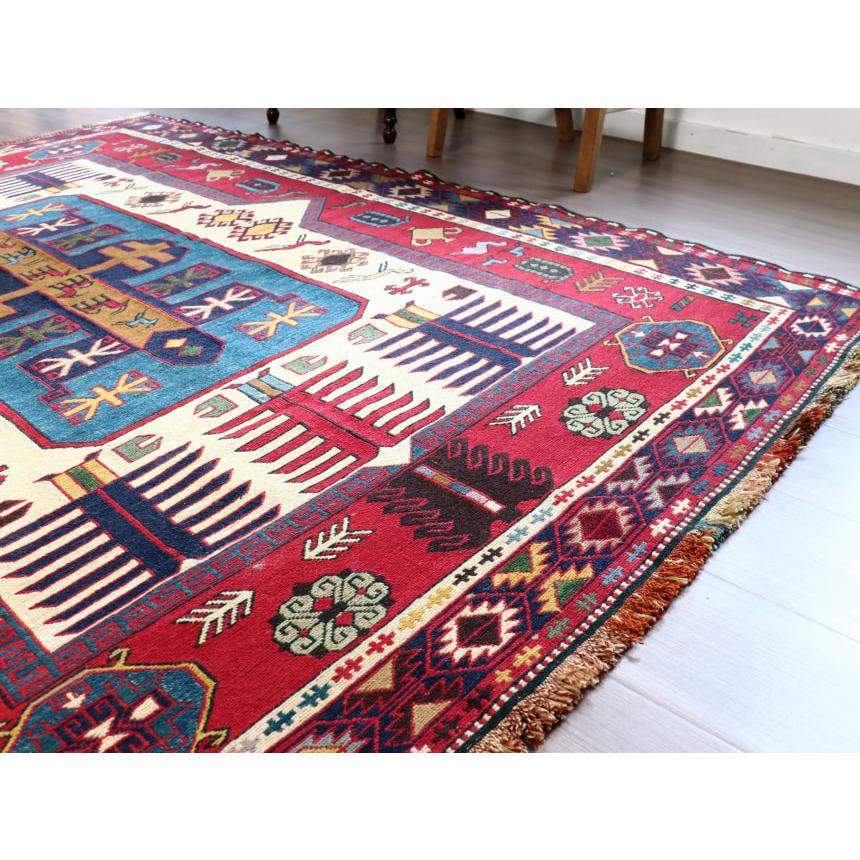 スマックキリム　シルジャン 195x148cm 刺繍のような細かな織り　三重のボーダー 【ペルシャヴィンテージラグ】