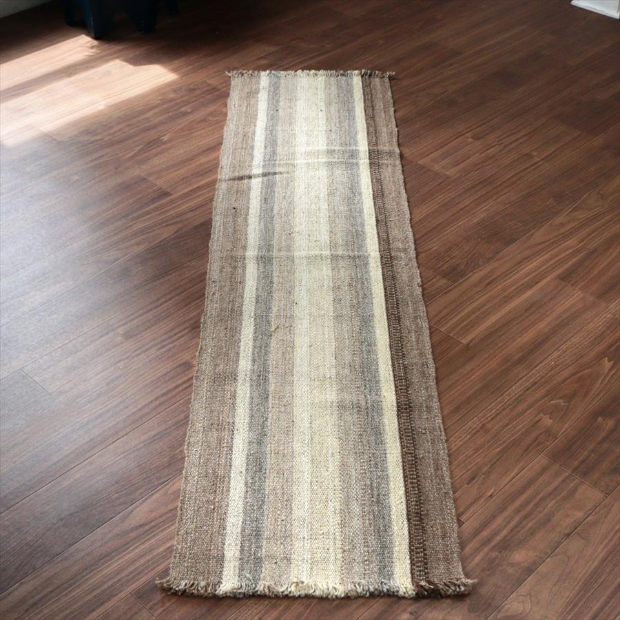 トルコの手織りキリム カルス 194x49cm ブラウン＆アイボリー ストライプ | 