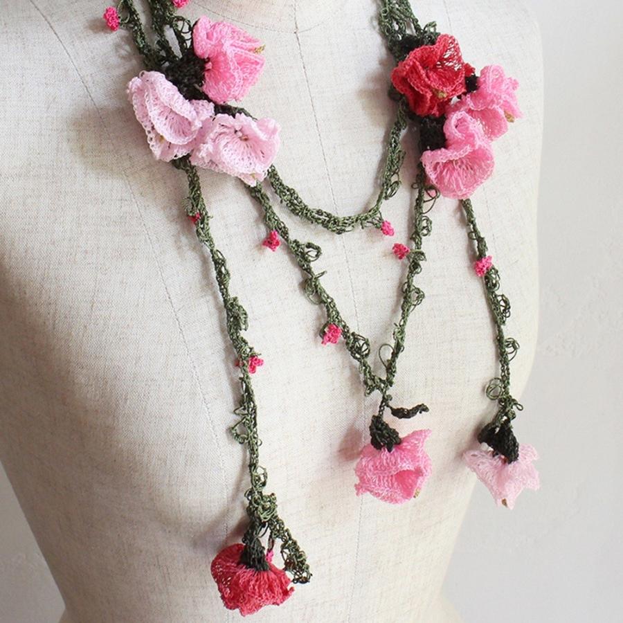 トルコのレース「オヤ」立体的な花 ロングラリエットかぎ針編みのトゥオヤピンク系３色のお花 | ブランド登録なし | 01