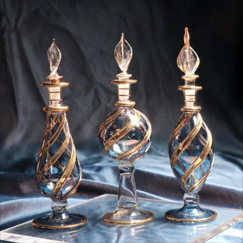 エジプトガラス香水瓶 3本セット ファラオ ゴールドライン/ブルー