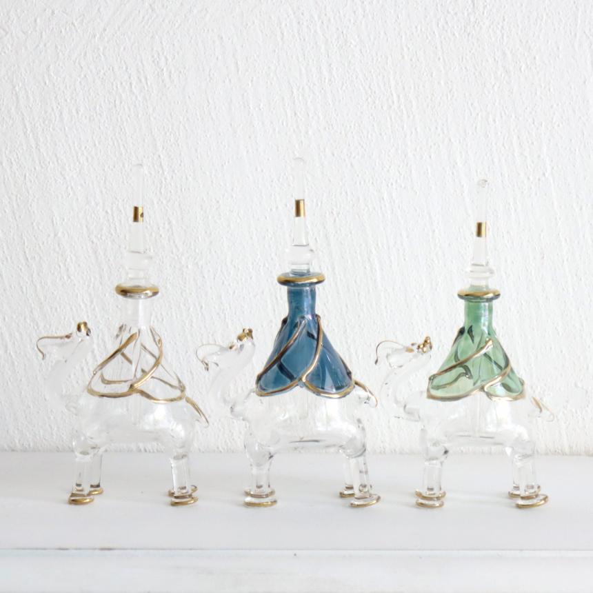 エジプト香水瓶 ラクダ 3頭セット クリア ブルー グリーン