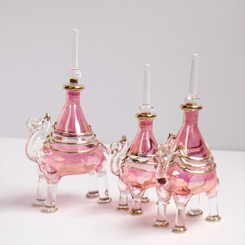 エジプト香水瓶 手吹きガラスの工芸品/ラクダ3頭セット ピンク 