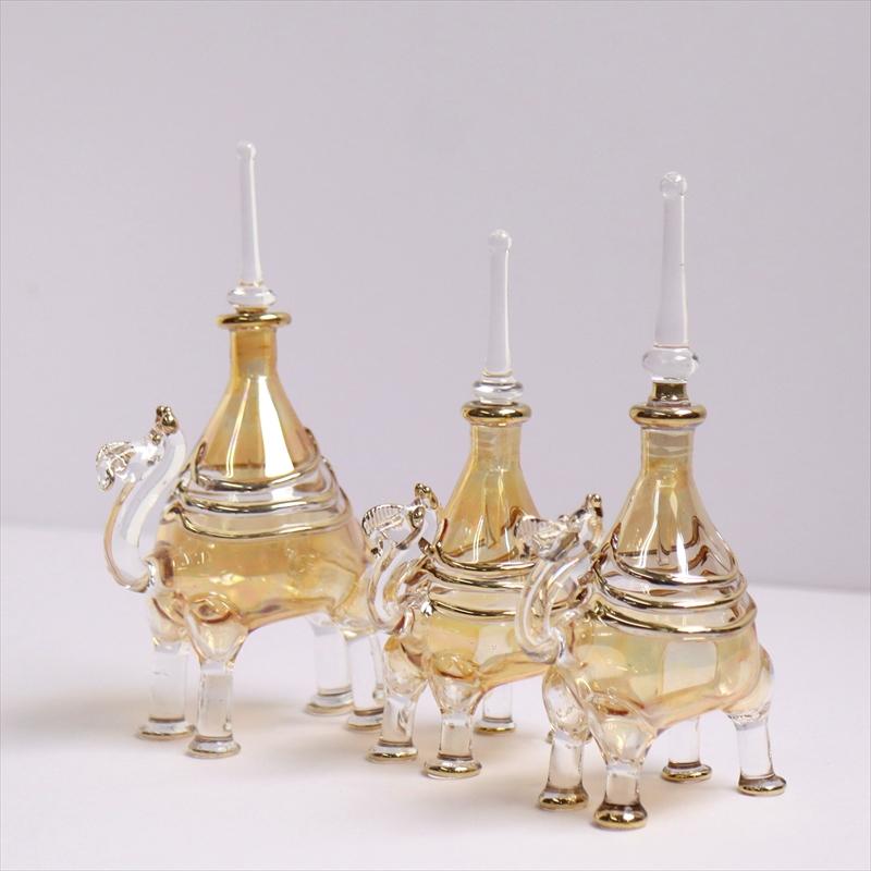 エジプト香水瓶 手吹きガラスの工芸品/ラクダ3頭セット イエロー 