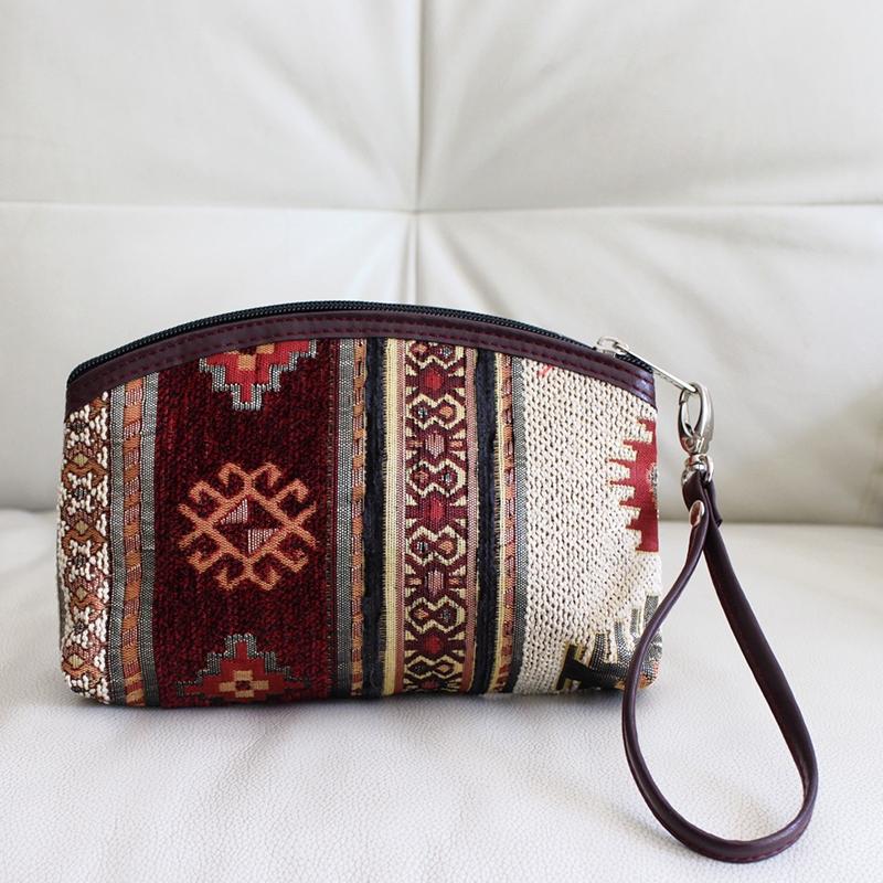 トルコデザインのポーチ シュニール素材幾何学モチーフ キリムデザイン/ダークレッド | ブランド登録なし | 01
