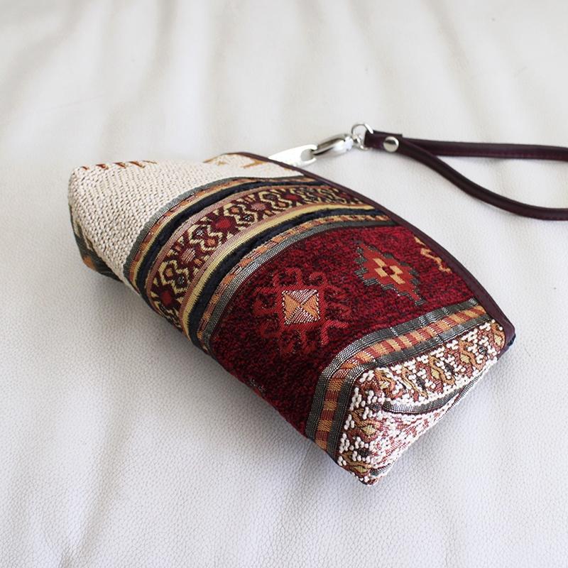 トルコデザインのポーチ シュニール素材幾何学モチーフ キリムデザイン/ダークレッド | ブランド登録なし | 02