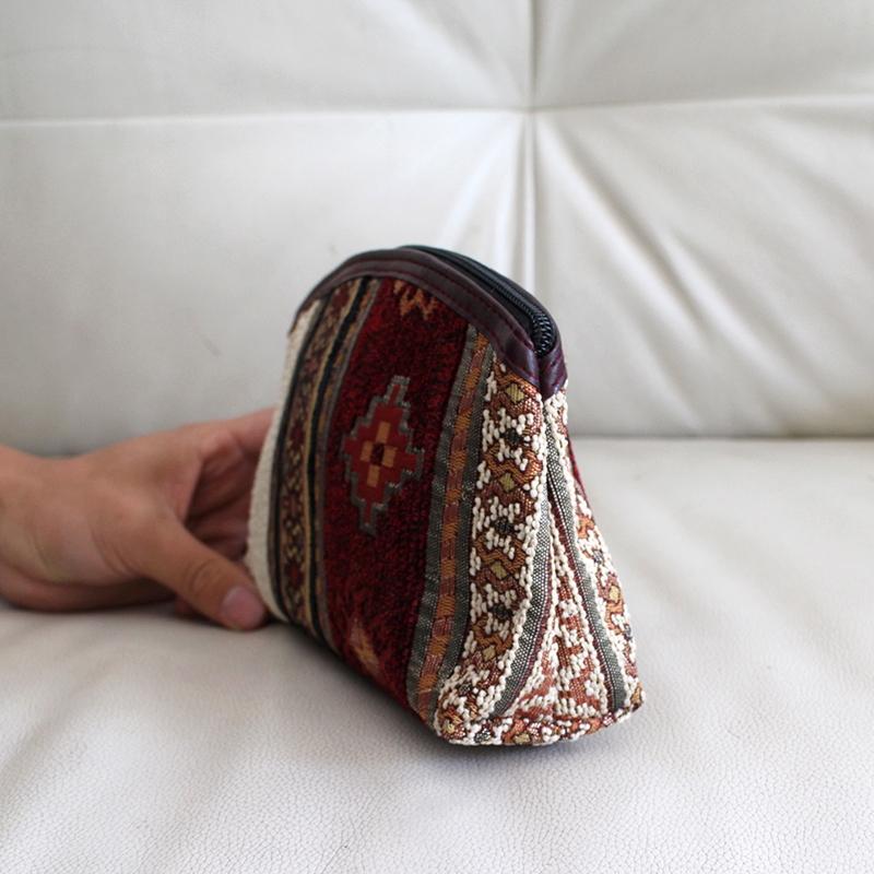 トルコデザインのポーチ シュニール素材幾何学モチーフ キリムデザイン/ダークレッド | ブランド登録なし | 03