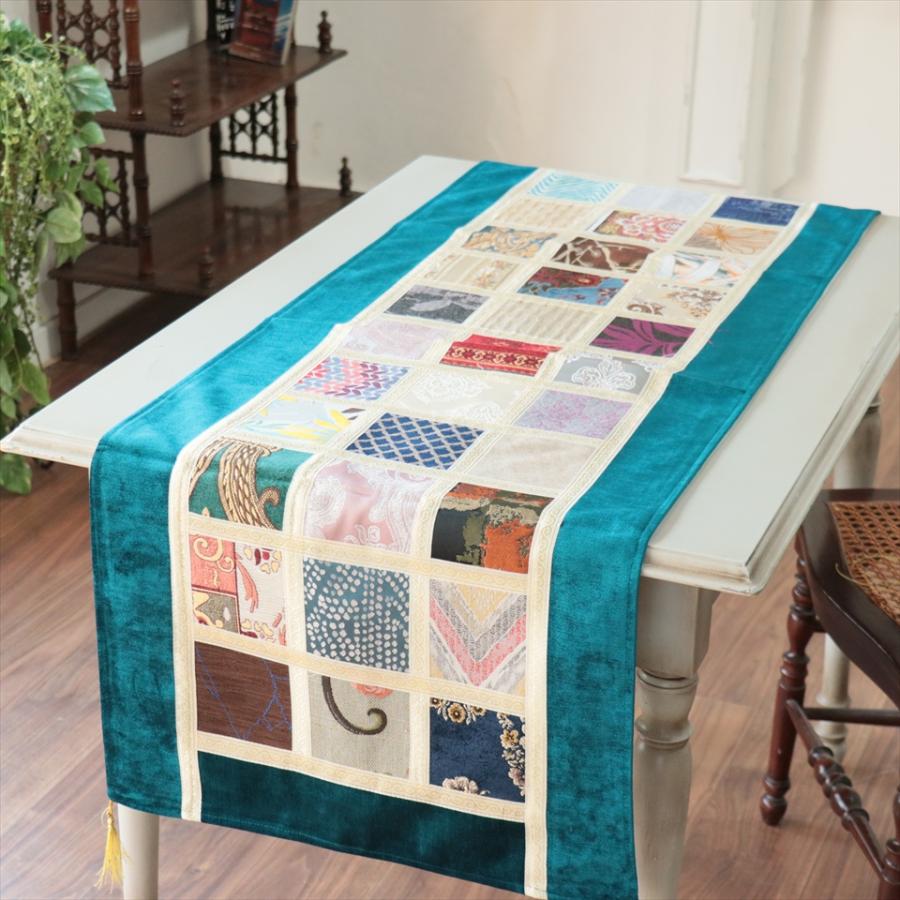 テーブルランナー　モザイクパッチワーク 142x50cmサイズ シュニール素材 | 