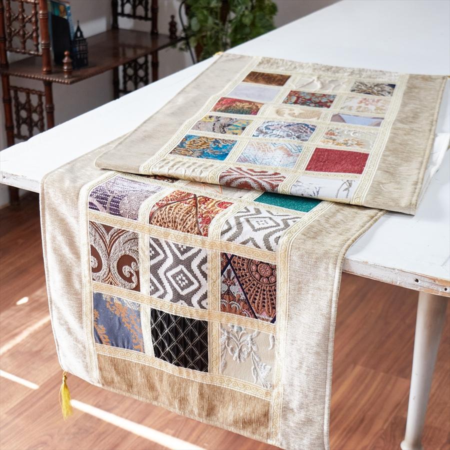 テーブルランナー　モザイクパッチワーク 200x50cmサイズ シュニール素材 | 