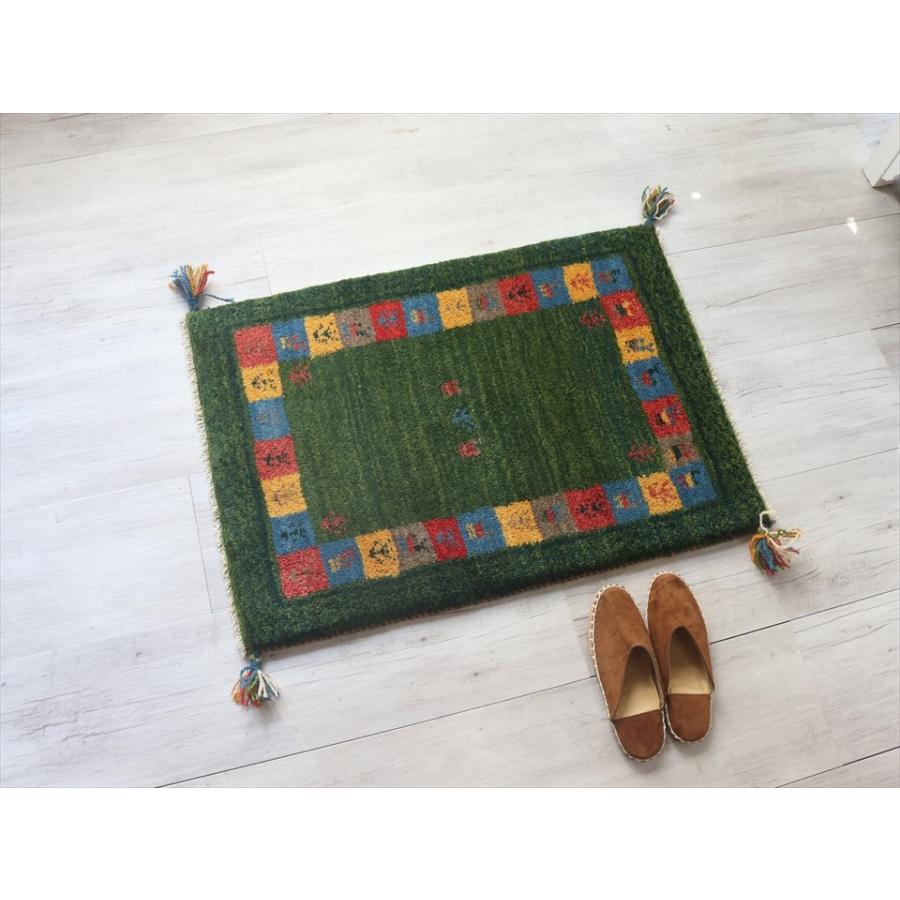 ギャッベ 玄関マットサイズ84x60cm グリーン　カラフルスクエア　ボーダー　動物と植物モチーフ | ブランド登録なし | 01