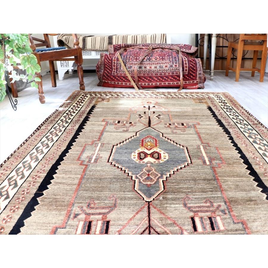 トライバルラグ ヴィンテージ/カシュカイ族の手織りラグ267x144cm 天然の羊毛色ブラウングレー_9