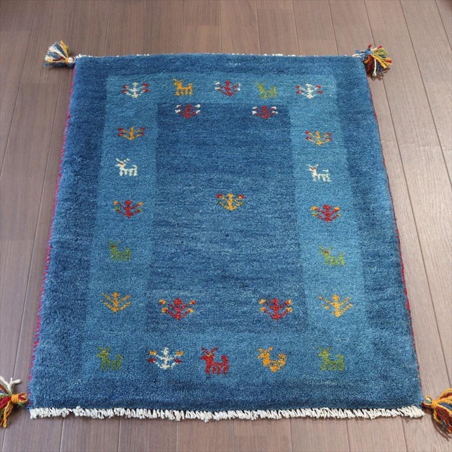 ギャッベ 玄関サイズ ブルー 88x65cm 枠縁のあるデザイン 動物と植物