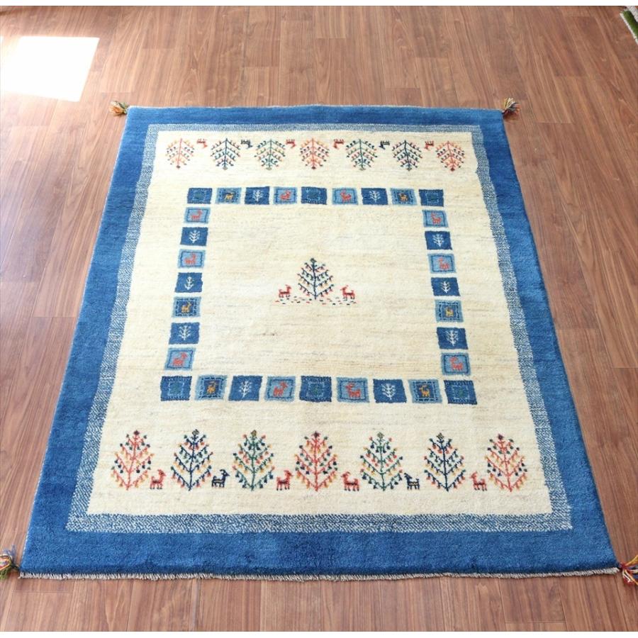 ギャッベ　イラン製手織りラグ 197x154cm ブルー＆ナチュラルアイボリー　タイル　生命の樹 | ブランド登録なし