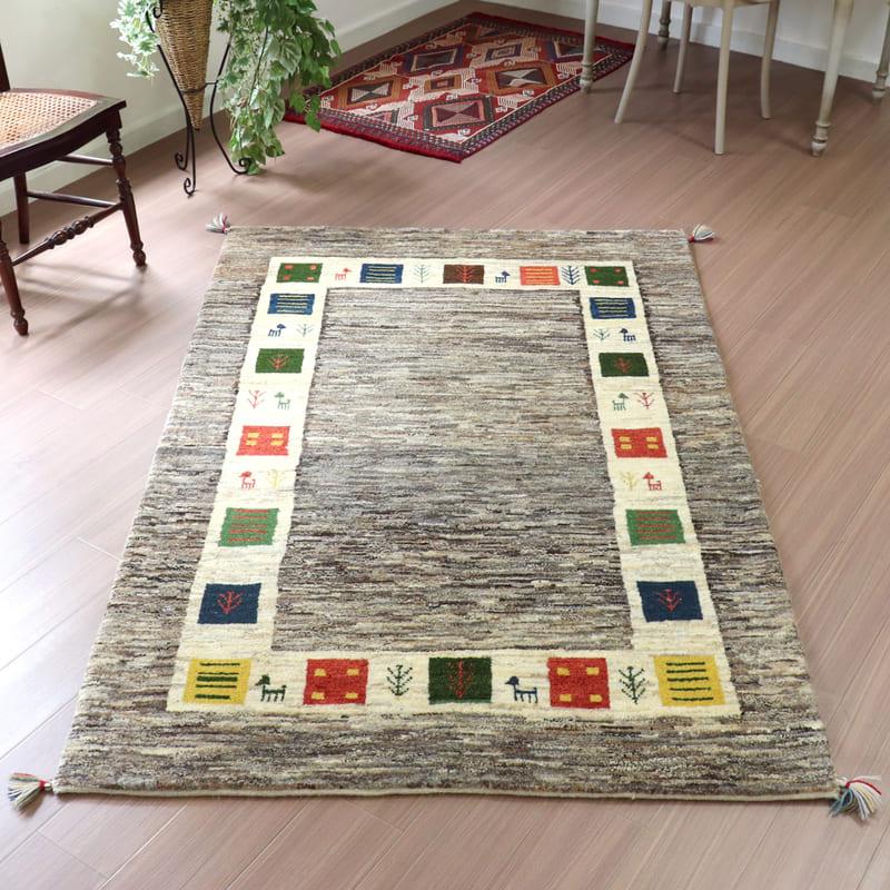 ギャッベ イランの手織りラグ 181x121cm グレー タイル枠のデザイン | ブランド登録なし