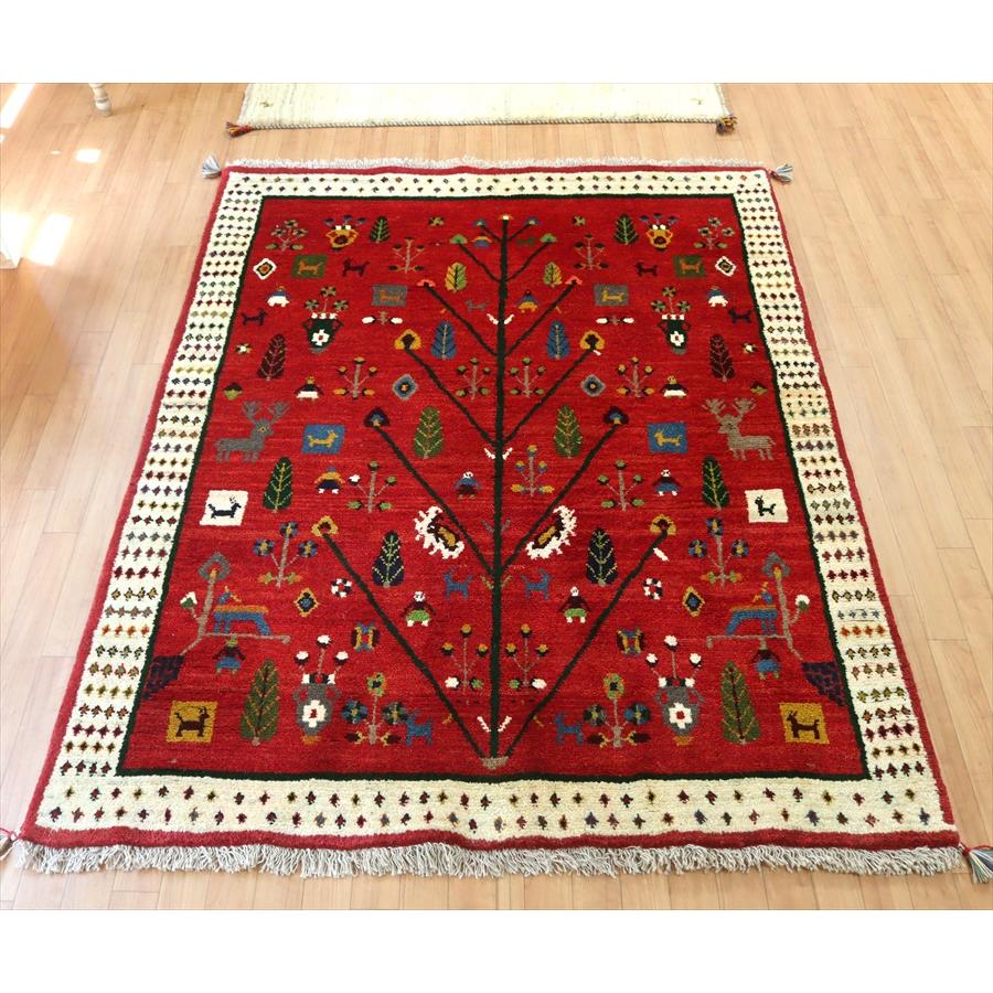 ギャッベ イランの手織りラグ 192x149cm レッド 生命の樹と様々なモチーフ | ブランド登録なし