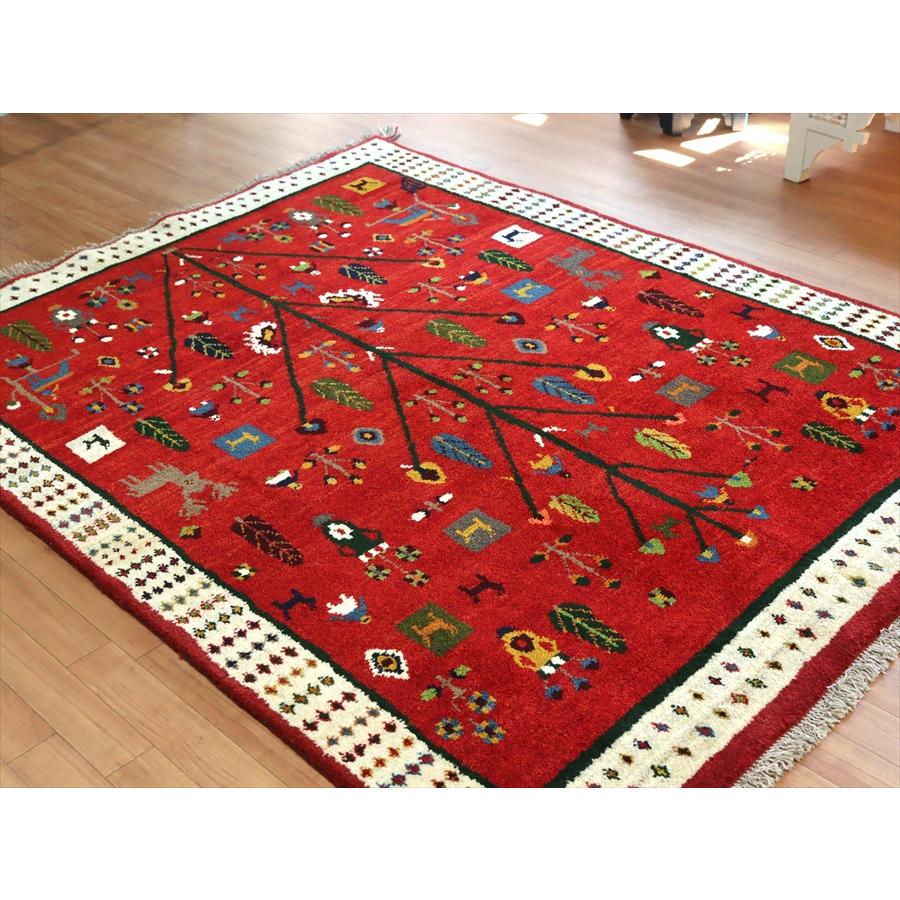 ギャッベ イランの手織りラグ 192x149cm レッド 生命の樹と様々なモチーフ | ブランド登録なし | 05