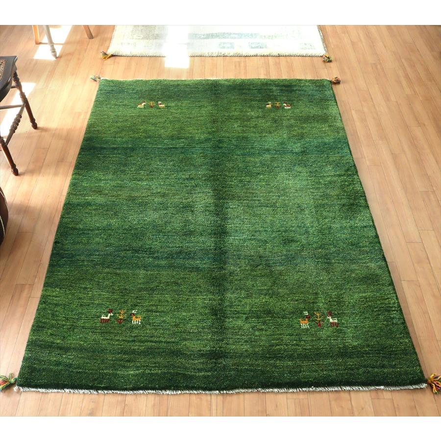 イランの手織りラグ ギャッベ 201x145cm グリーン シンプルモチーフ | ブランド登録なし