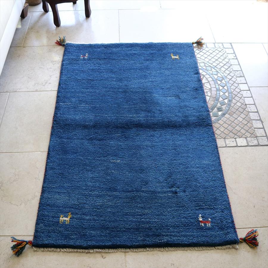 ギャッベ イランの手織りラグ 126x79cm ブルー シンプルモチーフ | ブランド登録なし