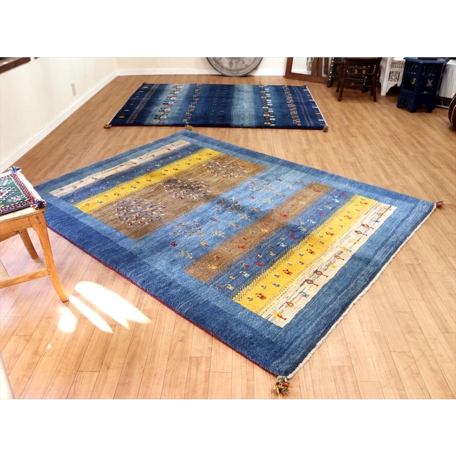 ギャッベ イラン産手織り 202x160cm ブルー＆イエローストライプ 毛足の長いふかふかな織り | ブランド登録なし | 01