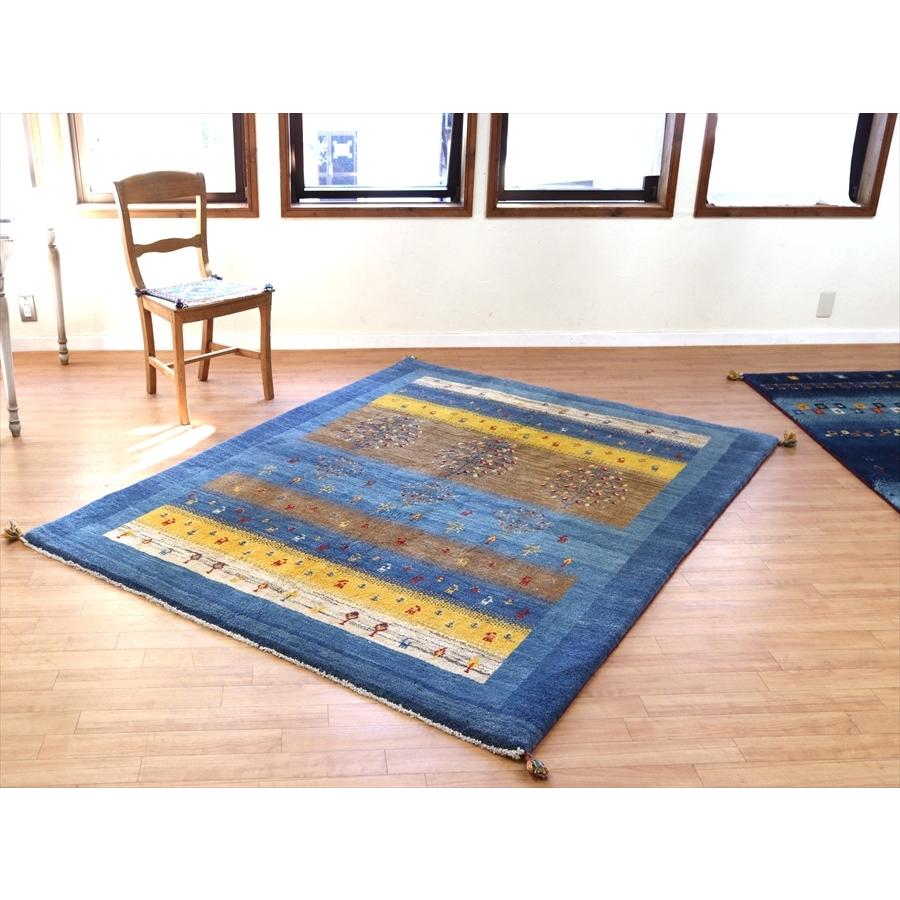 ギャッベ イラン産手織り 202x160cm ブルー＆イエローストライプ 毛足の長いふかふかな織り | ブランド登録なし | 02