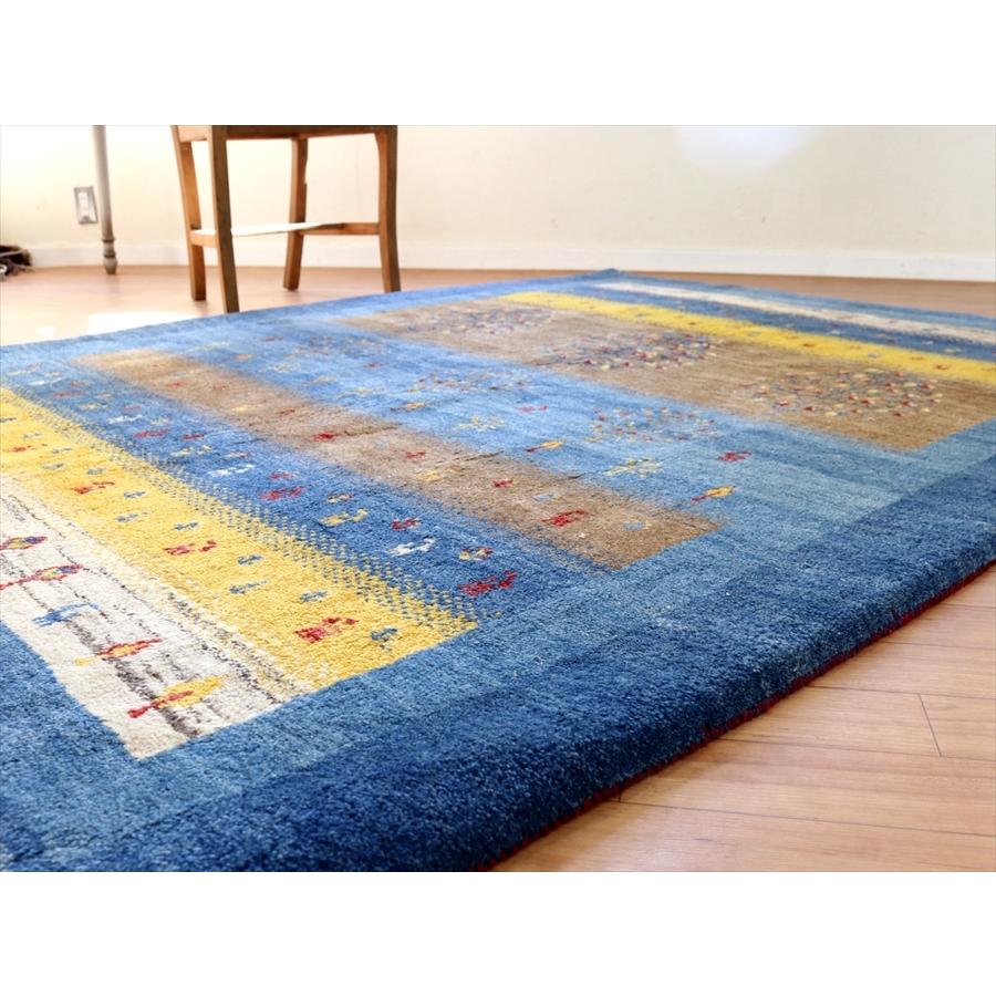 ギャッベ イラン産手織り 202x160cm ブルー＆イエローストライプ 毛足の長いふかふかな織り | ブランド登録なし | 06