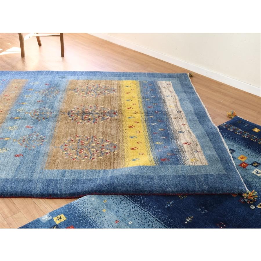 ギャッベ イラン産手織り 202x160cm ブルー＆イエローストライプ 毛足の長いふかふかな織り | ブランド登録なし | 07