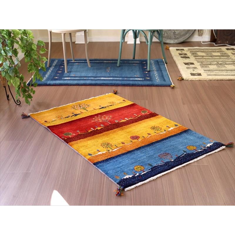 細かな織り ギャッベ カシュクーリ ランドスケープ 130x84cm イエロー レッド ブルー　ザクロス山麓の風景 | ブランド登録なし | 01