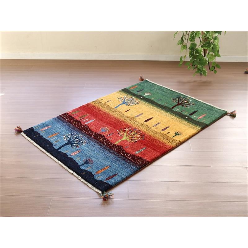 細かな織り ギャッベ カシュクーリ 130x85cm イエロー レッド ブルー　ザクロス山麓の風景 | ブランド登録なし | 01