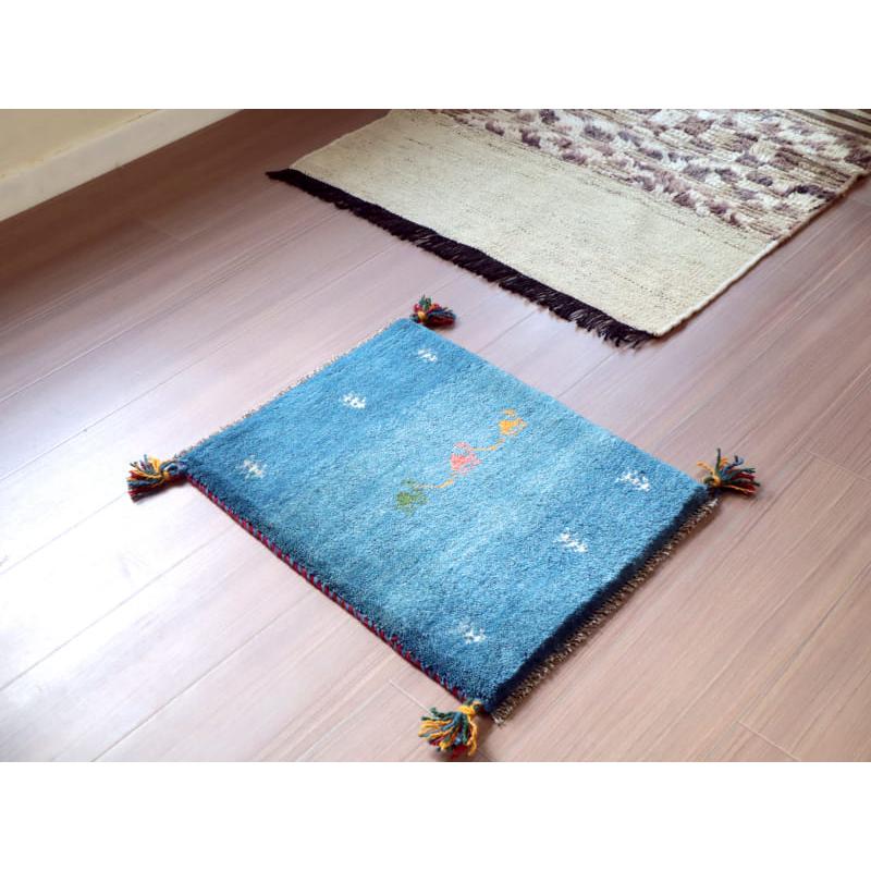 ギャッベ イラン産手織りラグ 54x42cm ブルー 3頭のラクダ