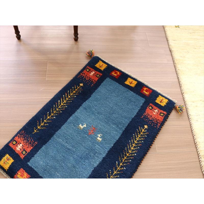ギャッベ ふかふかの織り 玄関マットサイズ 87x60cm イラン カシュカイ族/ブルー | ブランド登録なし | 02