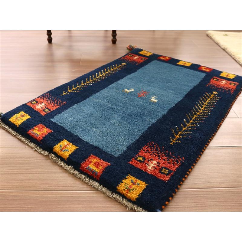 ギャッベ ふかふかの織り 玄関マットサイズ 87x60cm イラン カシュカイ族/ブルー | ブランド登録なし | 03