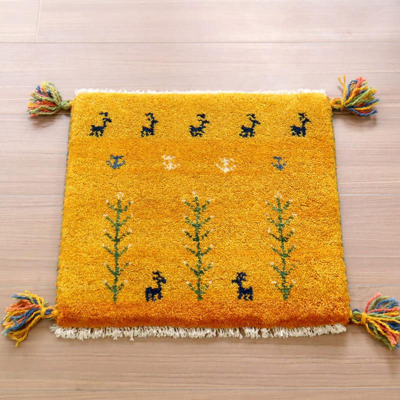 ギャッベ　座布団サイズ 40x41cm イエロー　動物と生命の木　イラン産手織りギャッベ | ブランド登録なし