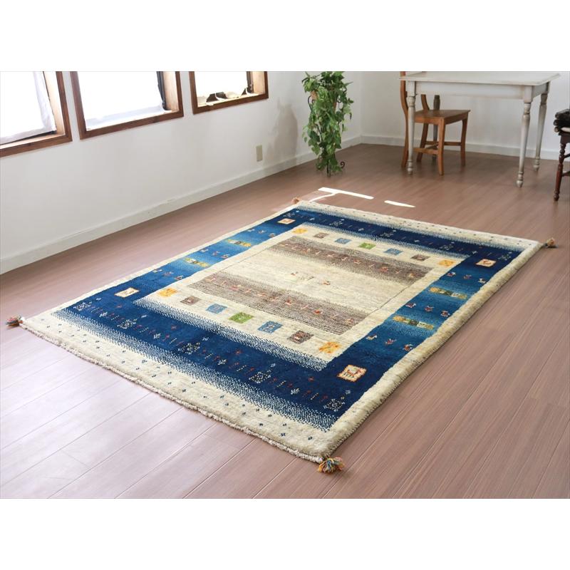 ギャッベ 手織りラグ イラン産絨毯 208x154cm ナチュラル　ブルーボーダー | ブランド登録なし | 01