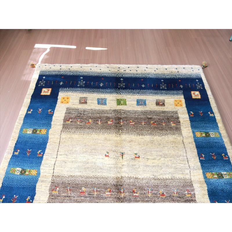 ギャッベ 手織りラグ イラン産絨毯 208x154cm ナチュラル　ブルーボーダー | ブランド登録なし | 02
